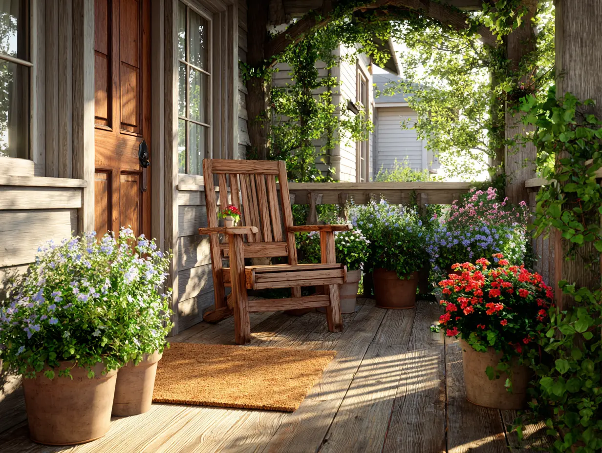 Rustic front porch with vintage chair, flowering containers, and a weathered doormat surrounded by greenery