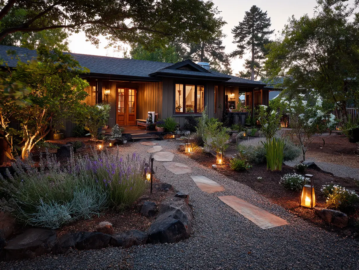 Rustic front yard at dusk with solar path lights glowing along a gravel walkway, native plant beds on both sides, and soft shadows cast across natural landscaping

