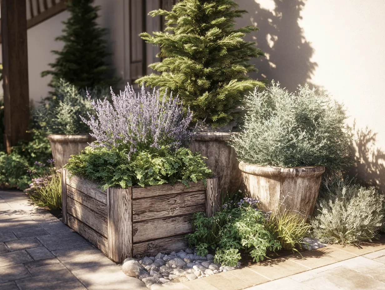 Rustic planter trio in a front yard with lavender, sage, and a small spruce surrounded by layered greenery