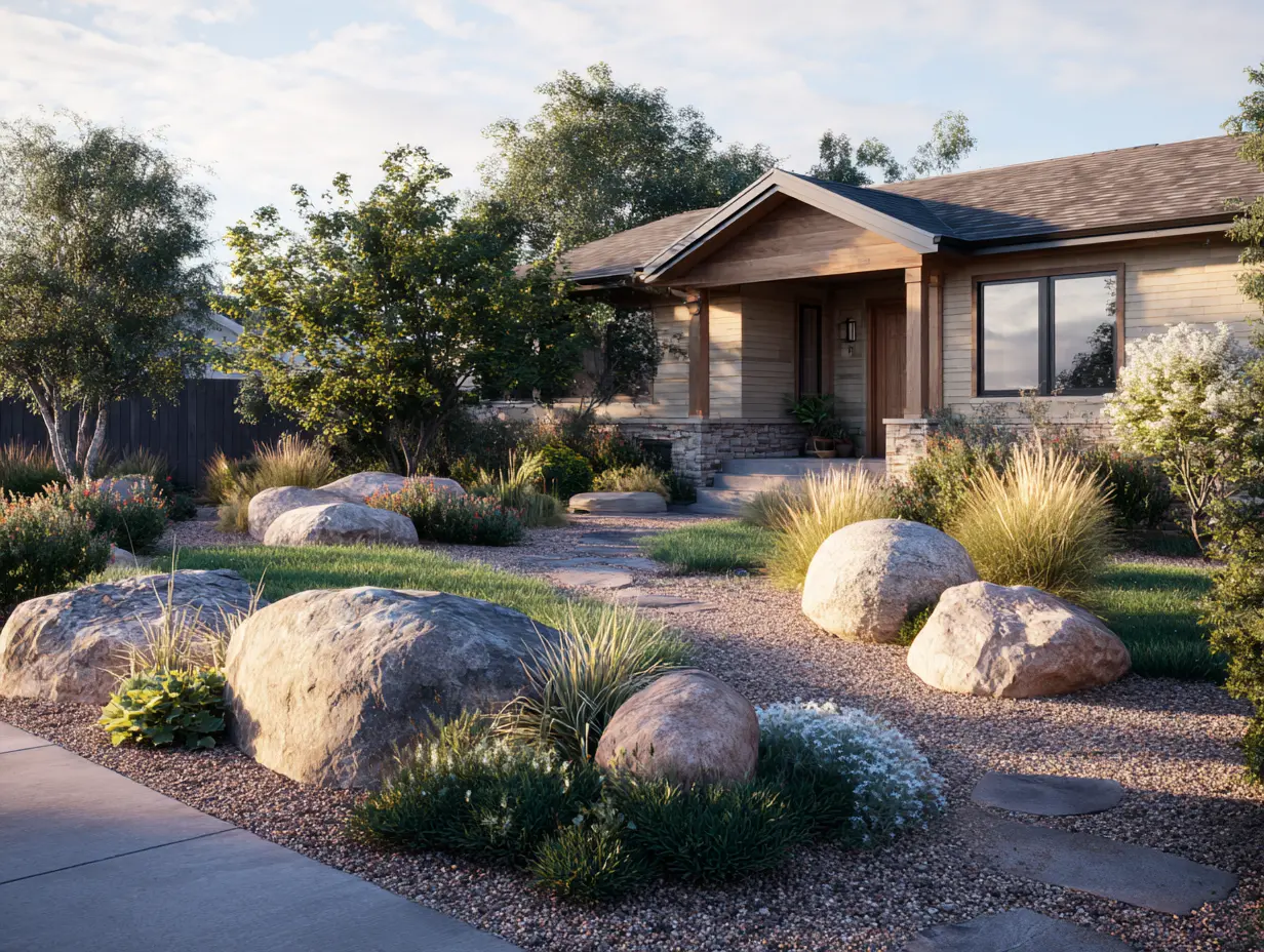 Rustic front yard with native plants, large landscaping rocks, and gravel path edged with decorative stone