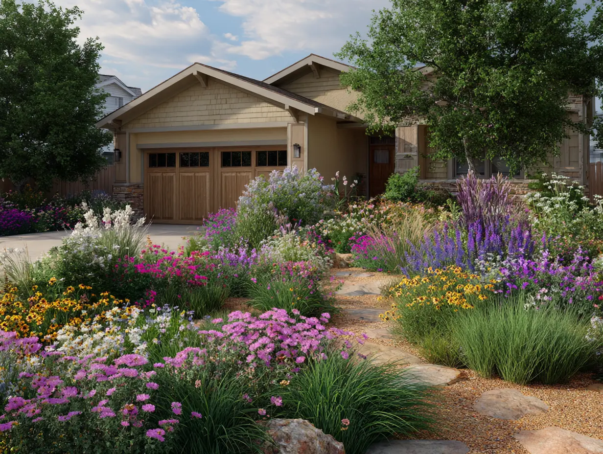 Rustic front yard filled with native wildflowers, clover patches, and ornamental grasses growing naturally