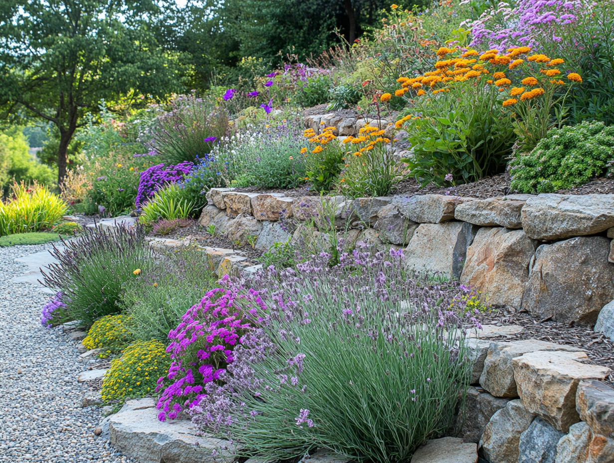 Steep hill landscaping ideas featuring simple terraced design with retaining wall blocks and colorful plantings - create manageable planting areas on your slope