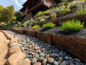 Sloped yard with erosion control blanket under ground covers, dry creek bed guiding runoff, layered planting with bright greens, modern slope