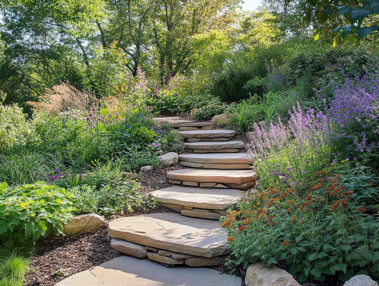 Steep hill backyard landscaping ideas featuring switchback pathway with natural stone steps and planted borders - create safe access through your hillside landscape