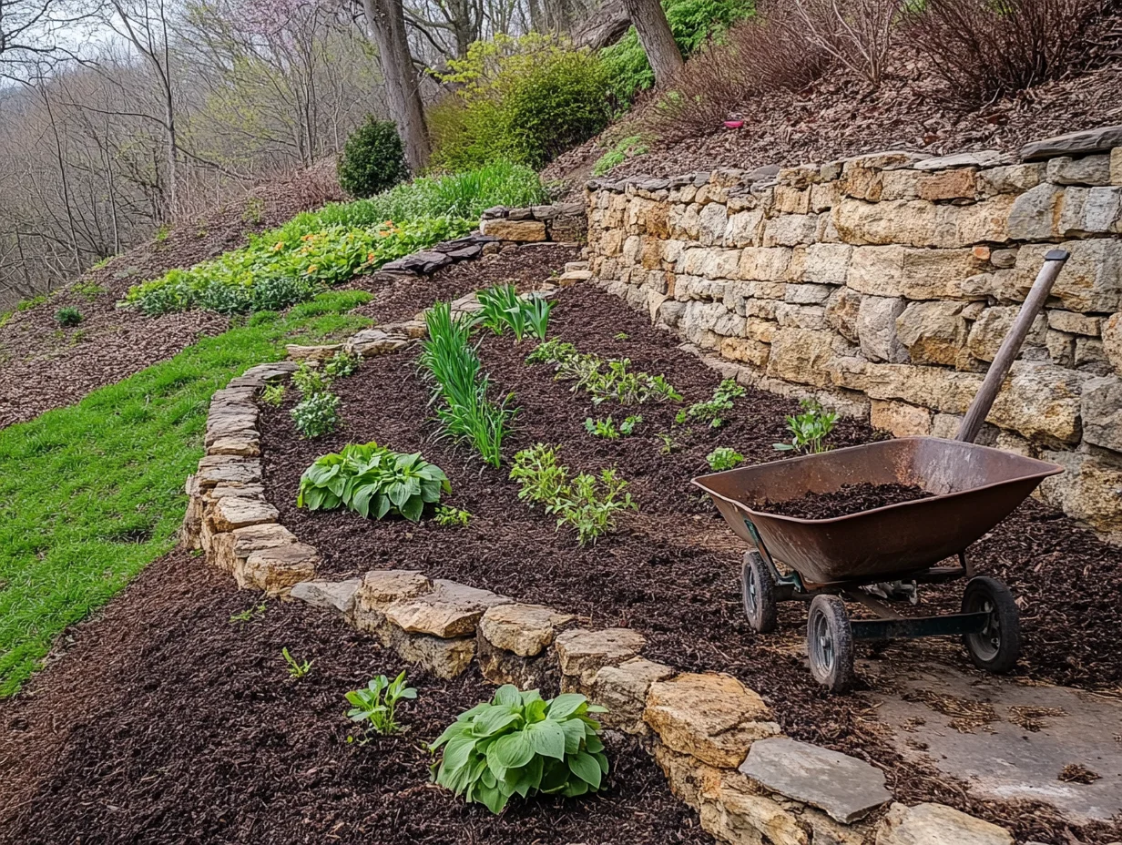 Steep hill landscaping ideas for spring maintenance showing new plant installation and erosion inspection - establish your slope garden for year-round success