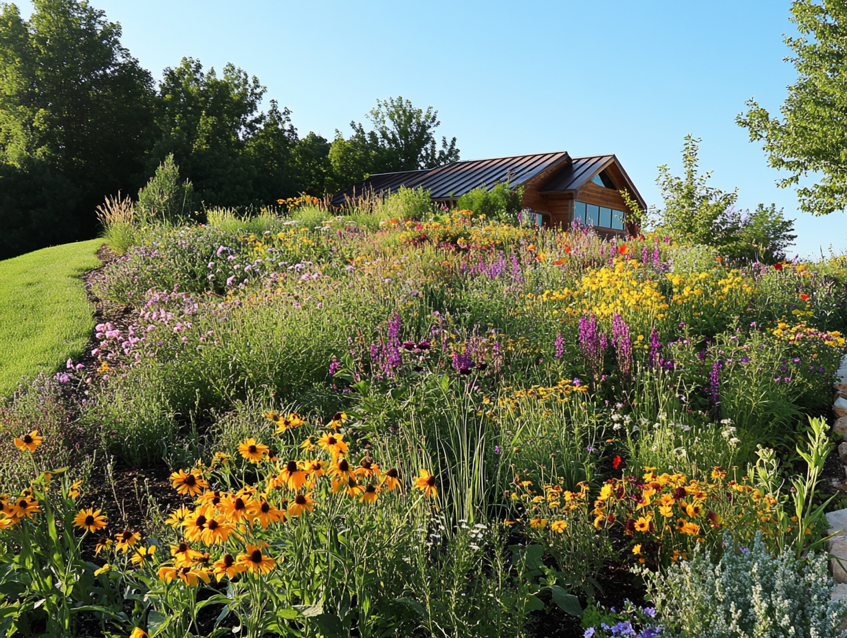 Steep hillside landscaping ideas showing native plant combinations with seasonal blooms and natural erosion control - transform your slope into a thriving ecosystem