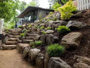 Steep slope without a retaining wall, modern terraced slope using boulders and ornamental plants, clean landscaping