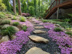Sloped backyard covered with creeping phlox, vinca, and clover as erosion-resistant ground cover, layered with dark mulch, bright daylight, modern clean landscaping without hardscape