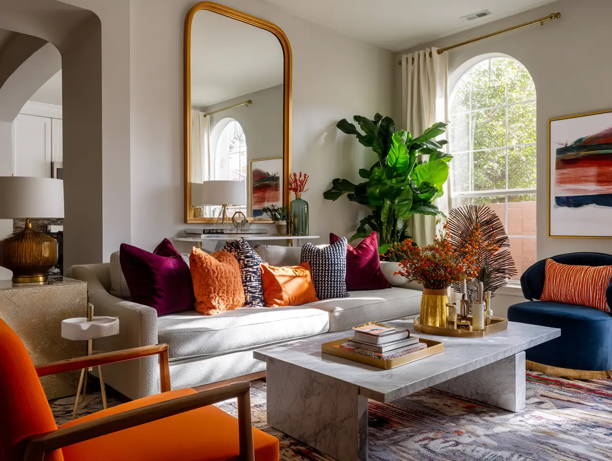 Living room with arched gold mirror, bold autumn accents, rich textures, and sculptural decor for a striking seasonal setup.