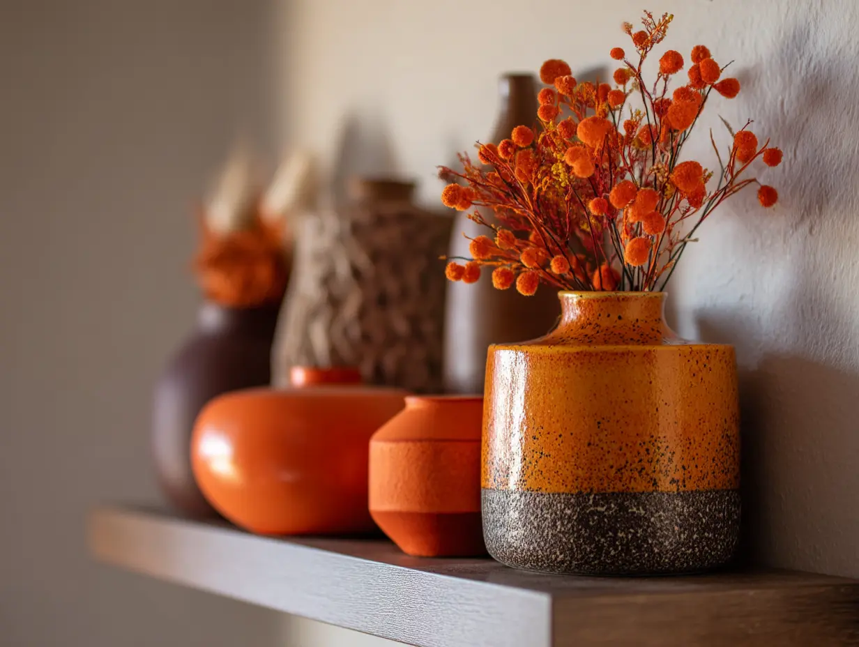 Minimalist fall shelf styled with matte ceramic vases, dried stems, and natural wood for seasonal balance.
