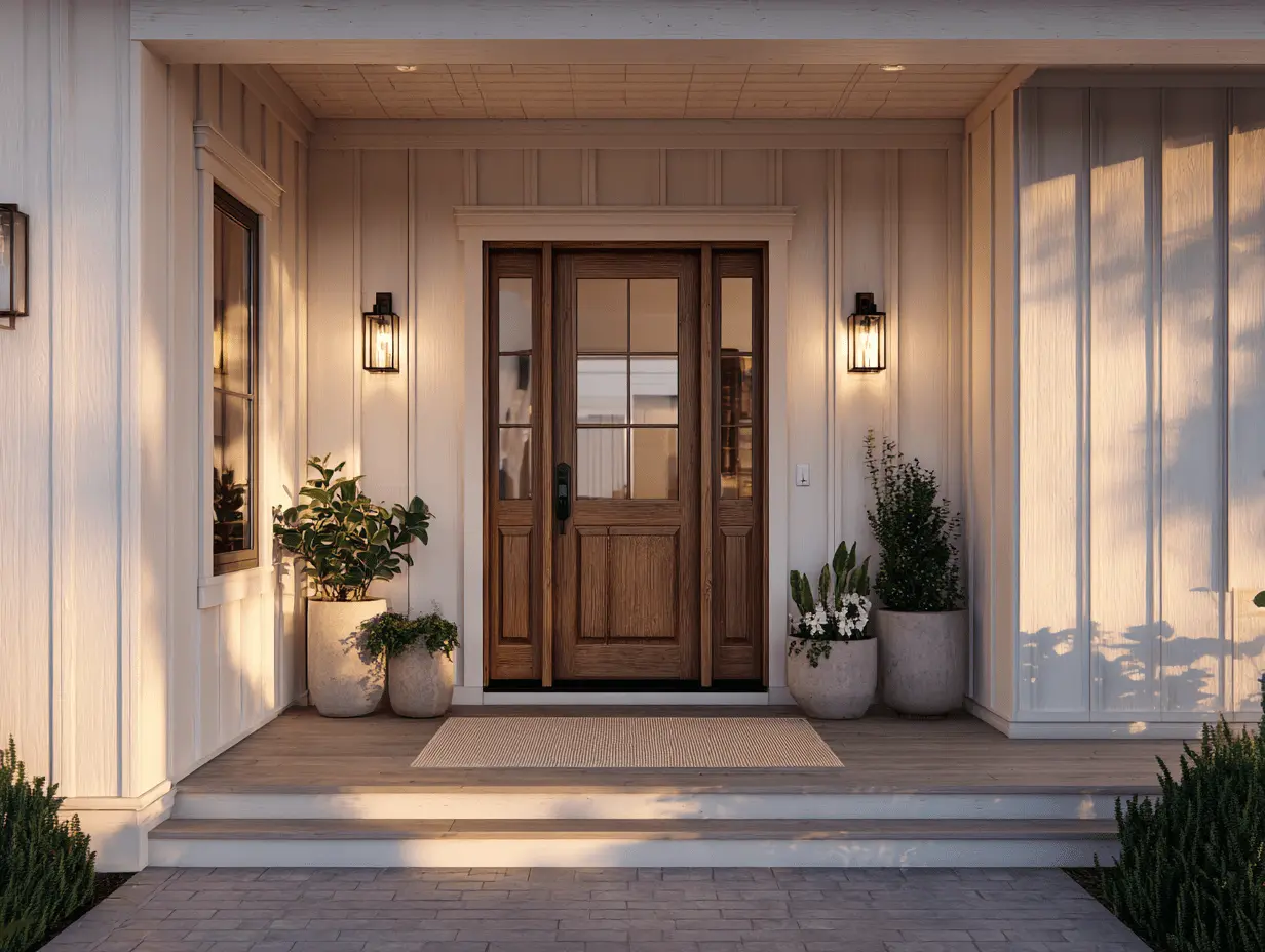 Modern farmhouse lanterns on either side of a front door, automatically glowing as the sun sets