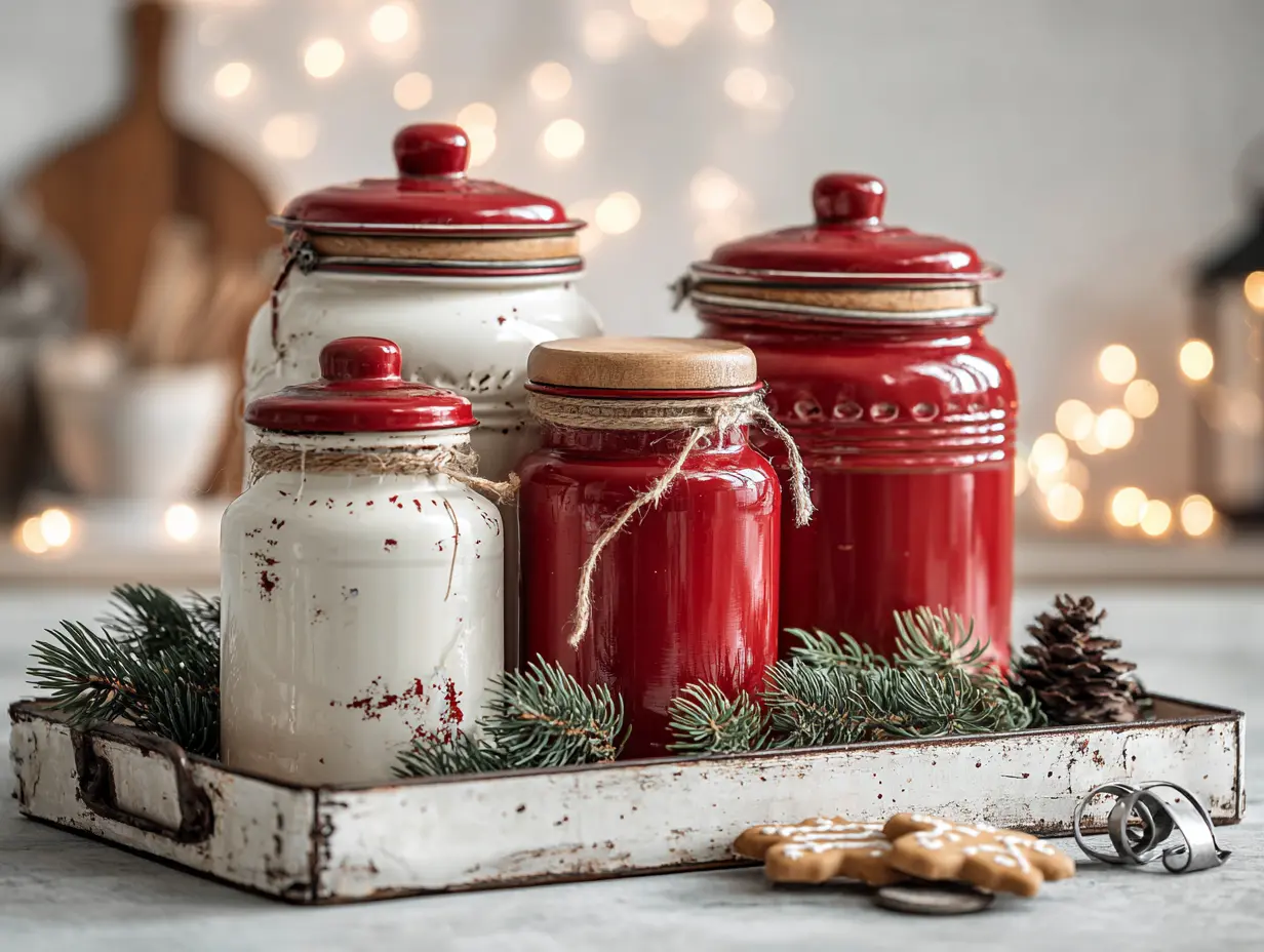 Vintage red and white Christmas kitchen canisters with wooden lids on a styled tray, accented with cedar sprigs and cookie cutters for cozy, functional holiday decor.