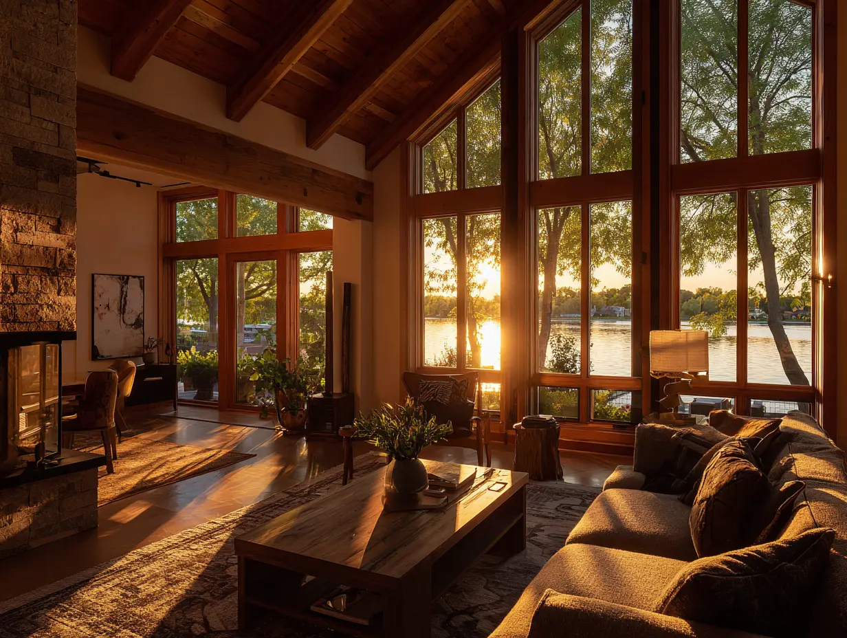 Sun-drenched lakefront living room with vaulted wood ceilings, a stone fireplace, and full-height windows framing golden hour reflections on the water; rich wood beams, cozy neutral furniture, and leafy indoor plants create a warm, lodge-style retreat filled with soft natural light.