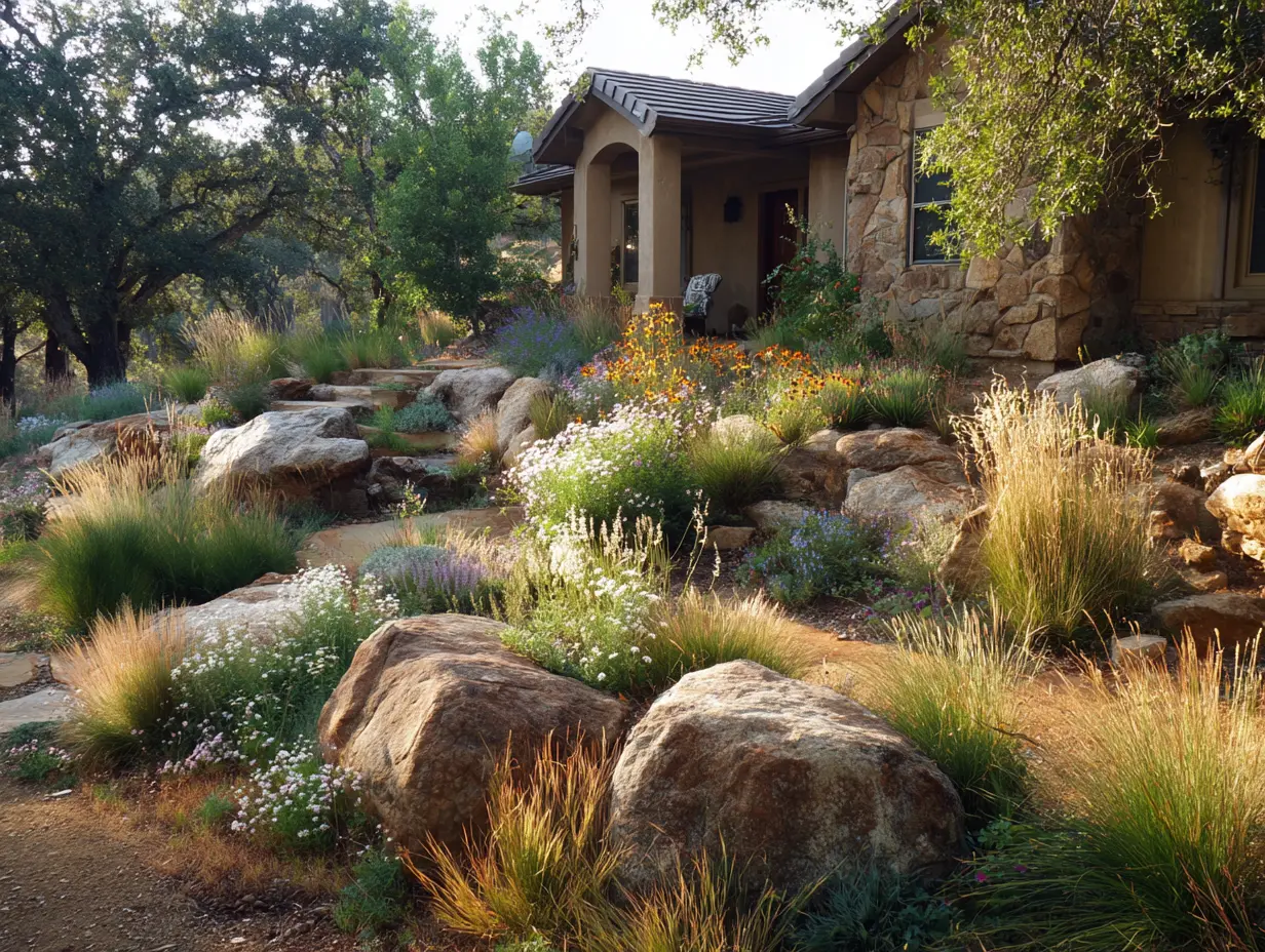 Rustic front yard landscaping ideas with wild grasses, rocks, and native plants arranged in a relaxed landscape