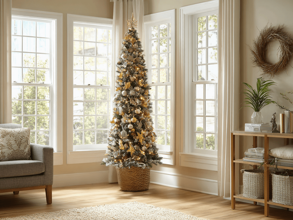 Slim pencil Christmas tree in a cozy corner decorated with gold and white ornaments and a soft woven base.