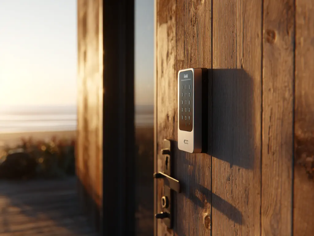 Airbnb Essentials modern smart lock installed on a natural wood door, keypad softly glowing in early evening light