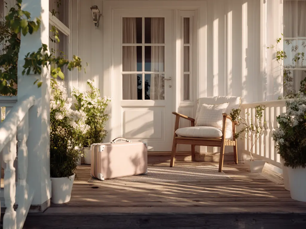 Sunset view of a well-kept front porch designed with a suitcase on the step, soft light glowing from inside, and a simple welcome mat.


