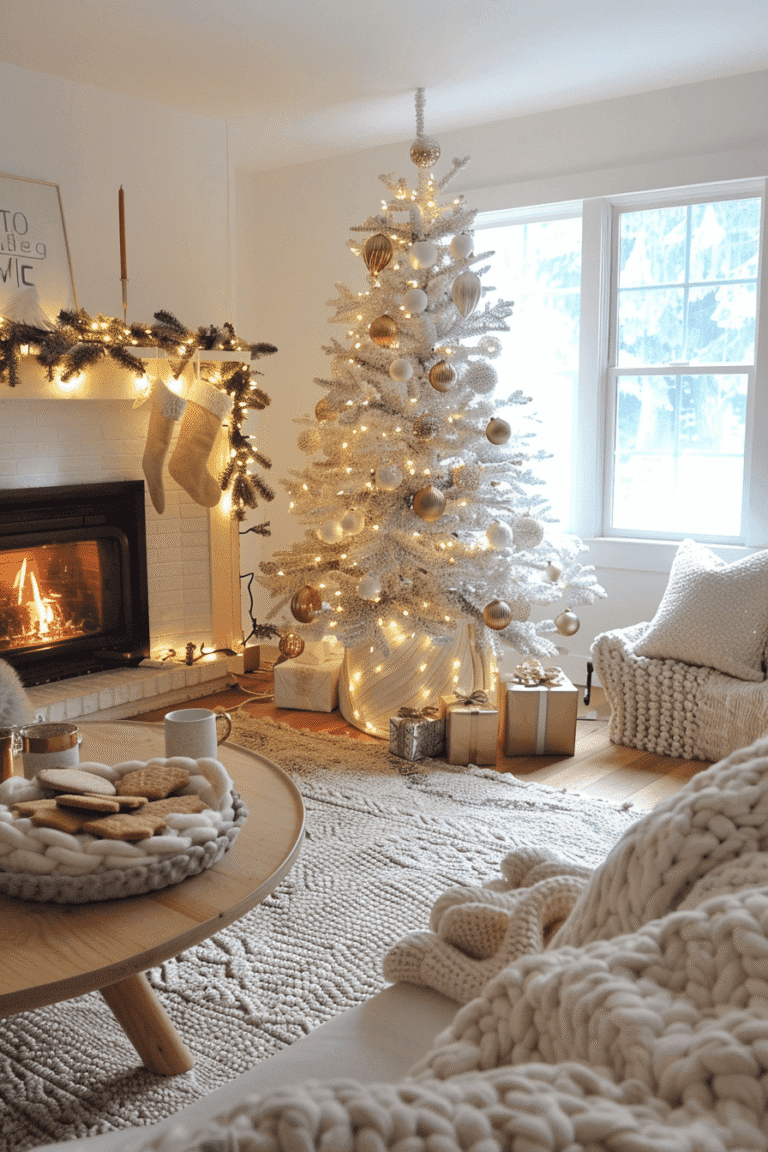 White artificial Christmas tree glowing in a cozy living room with a fireplace, snowfall outside the window, and neutral holiday decor with soft blankets and wrapped gifts.