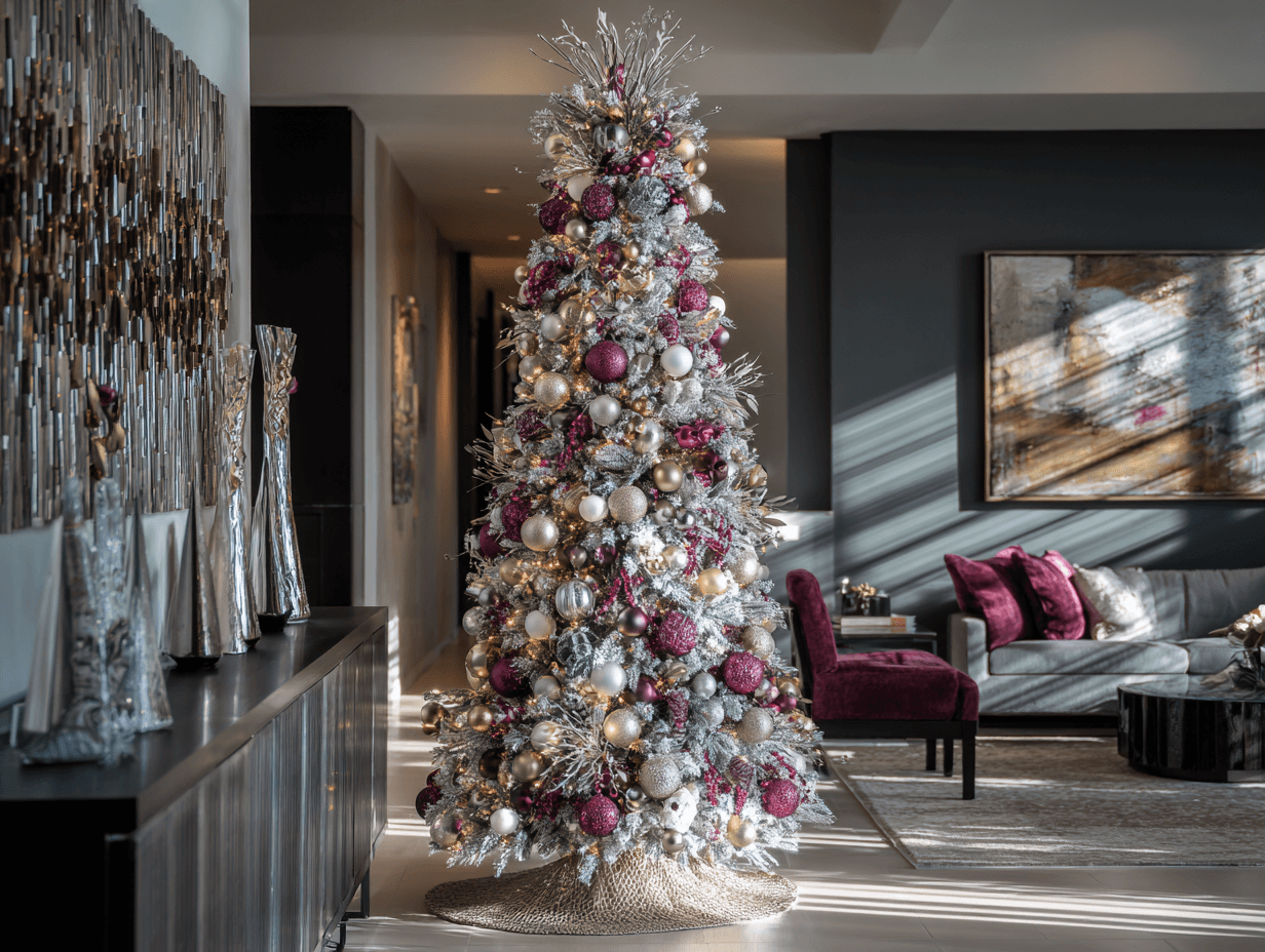 Slim pencil Christmas tree with white frosted branches, decorated with gold, silver, and deep magenta ornaments, soft woven base, set in a bold modern living room with dark walls, jewel-tone chairs, and dramatic sunlight streaming in