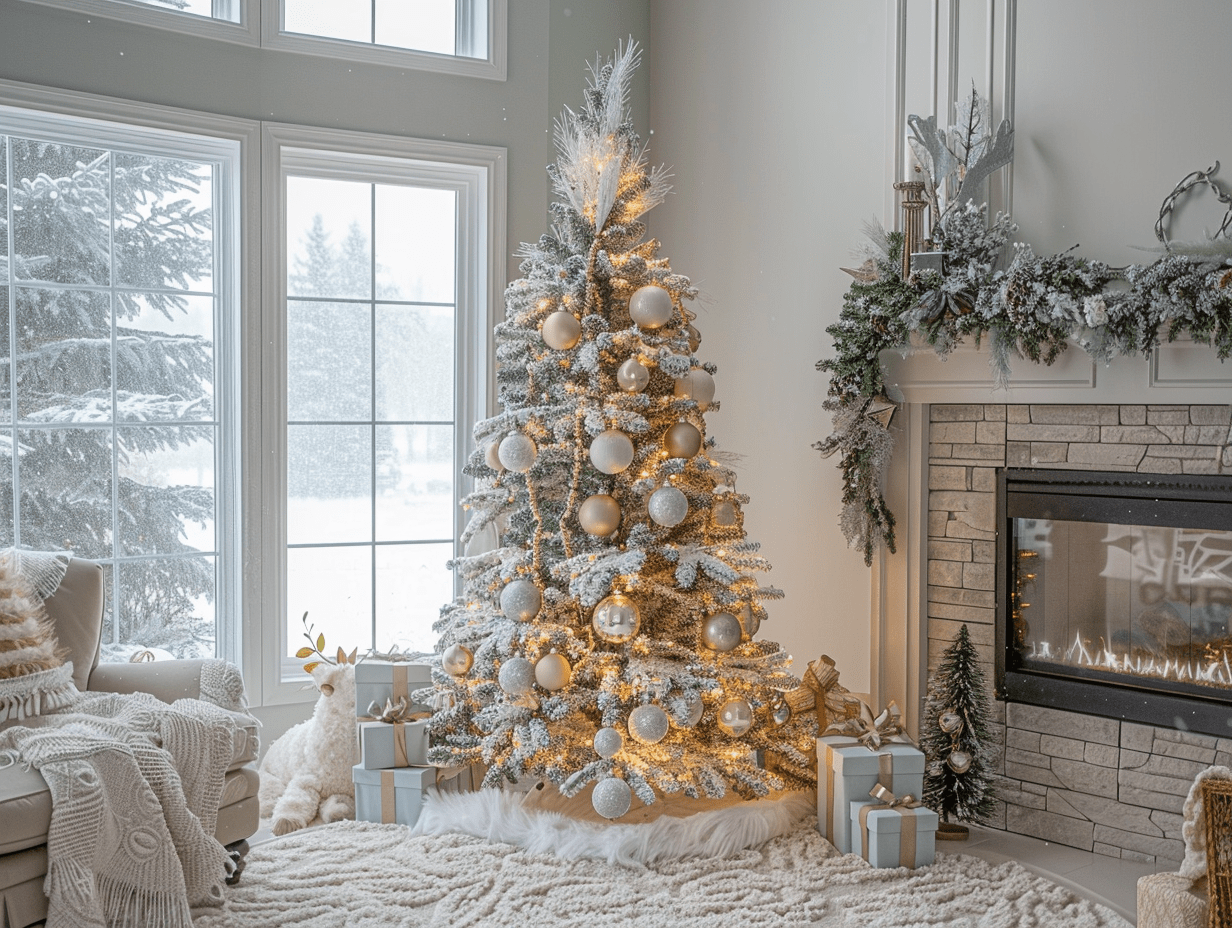 Christmas Tree Ideas with a Flocked artificial Christmas tree glowing with warm lights, styled with soft gold and pale blue ornaments in a snowy-themed living room.