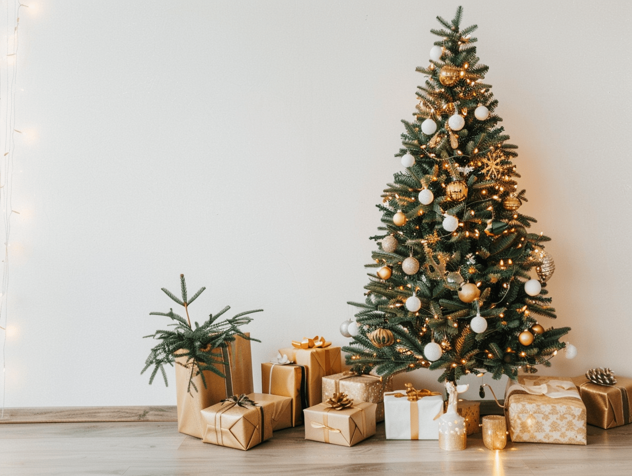 Half Christmas tree styled against a white wall, decorated with soft white lights and metallic ornaments, with wrapped presents beneath.