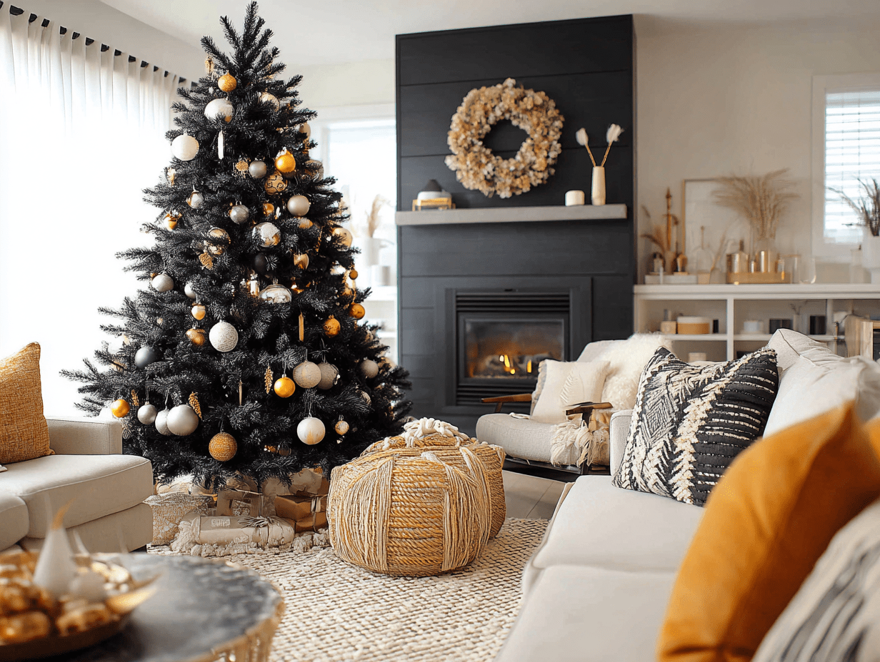 Matte black Christmas tree styled with gold and white ornaments in a modern living room with warm lighting.