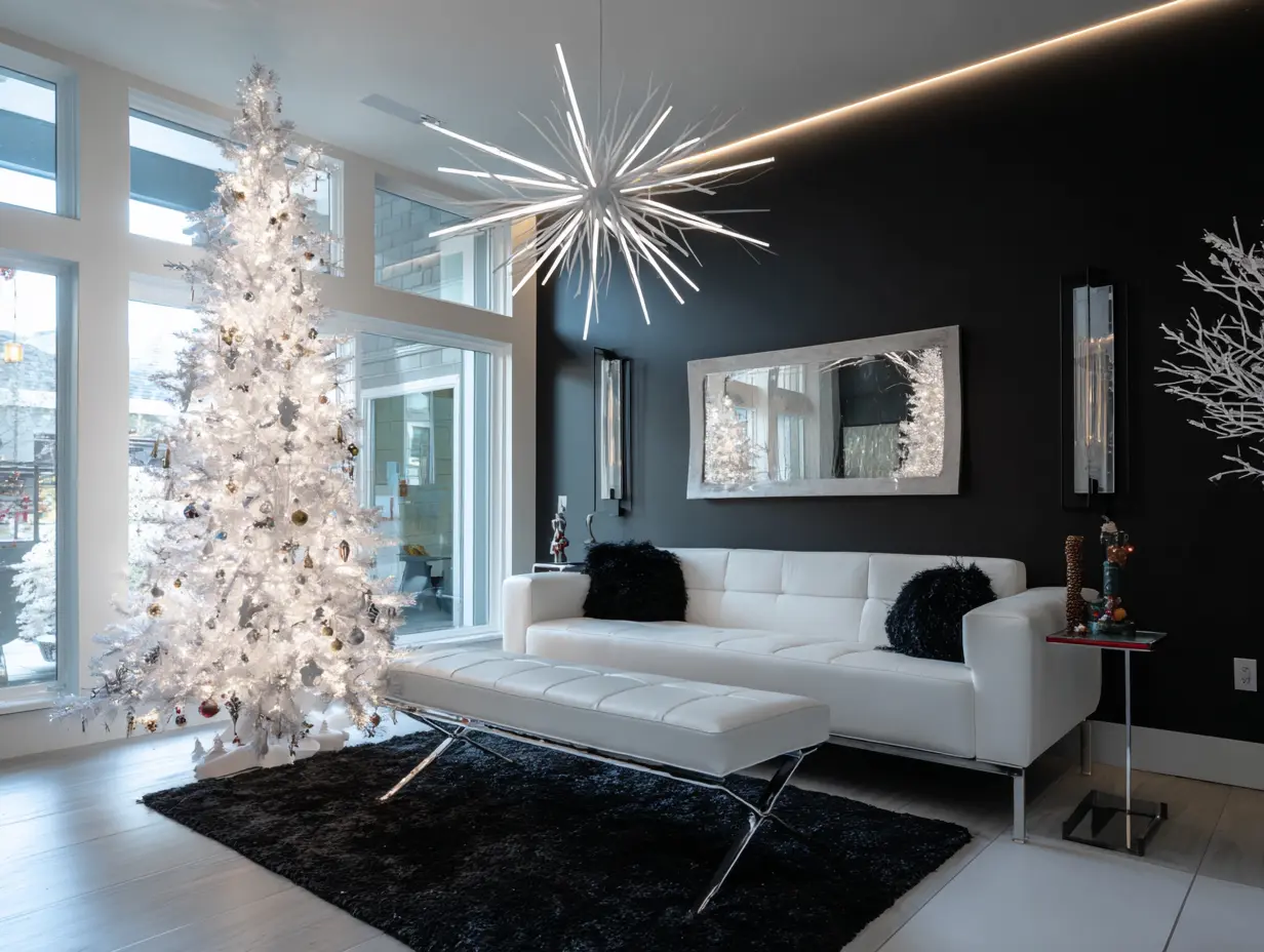 Modern Christmas living room with small pencil tree, white artificial tree, and wall-mounted tree in separate styled corners — showcasing creative Christmas tree ideas for small spaces and minimalist decor