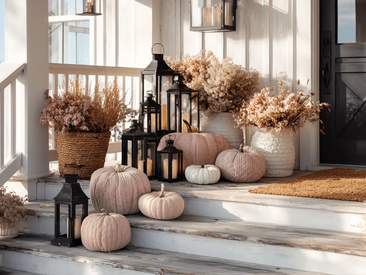 Pink Halloween Home Decor: Pink and white pumpkins styled with black lanterns and dried florals on a rustic white front porch for Halloween