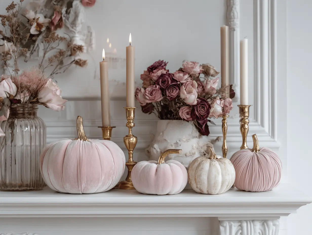 Pink ghost pillow styled on a bed with white sheets, velvet throws, and soft Halloween accents.