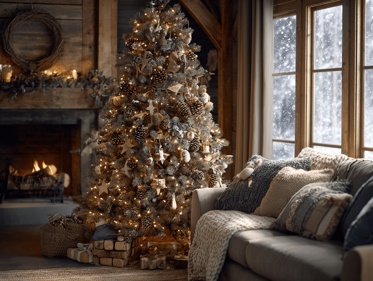 Farmhouse Christmas Tree with snow outside, lit fireplace and cozy seating