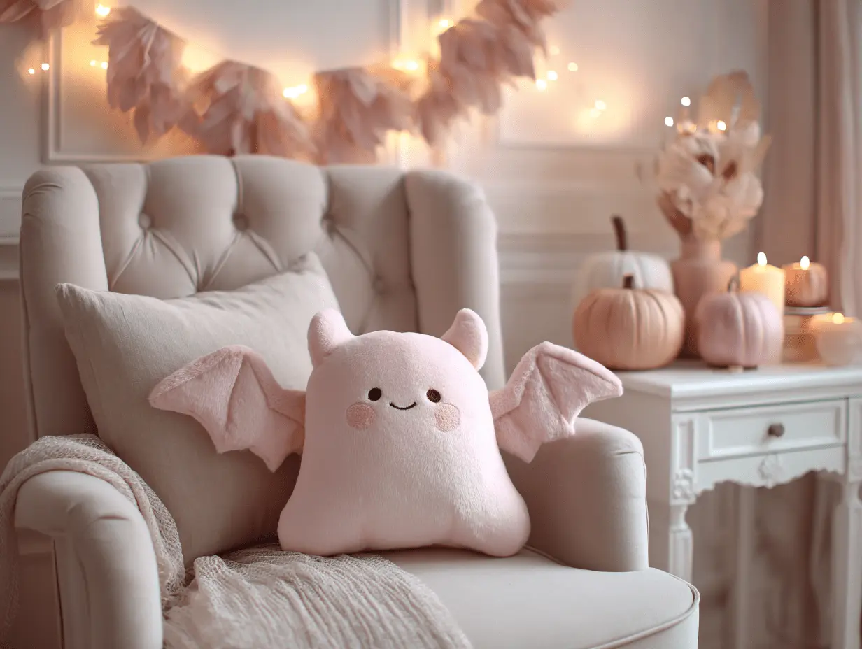 Pink ghost pillow styled on a bed with white sheets, velvet throws, and soft Halloween accents.
