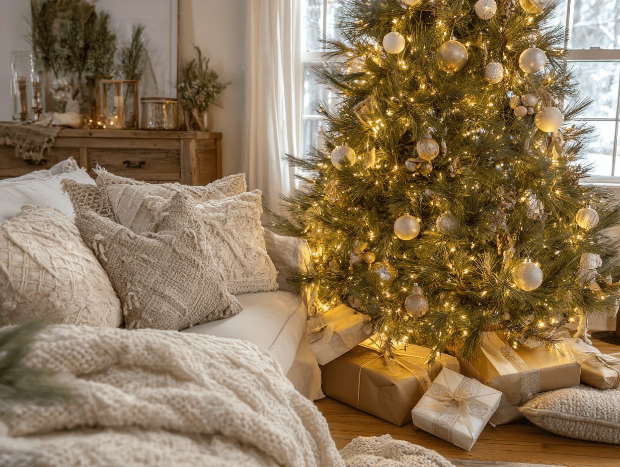 Realistic Artificial Christmas Tree with presents and layered blankets.