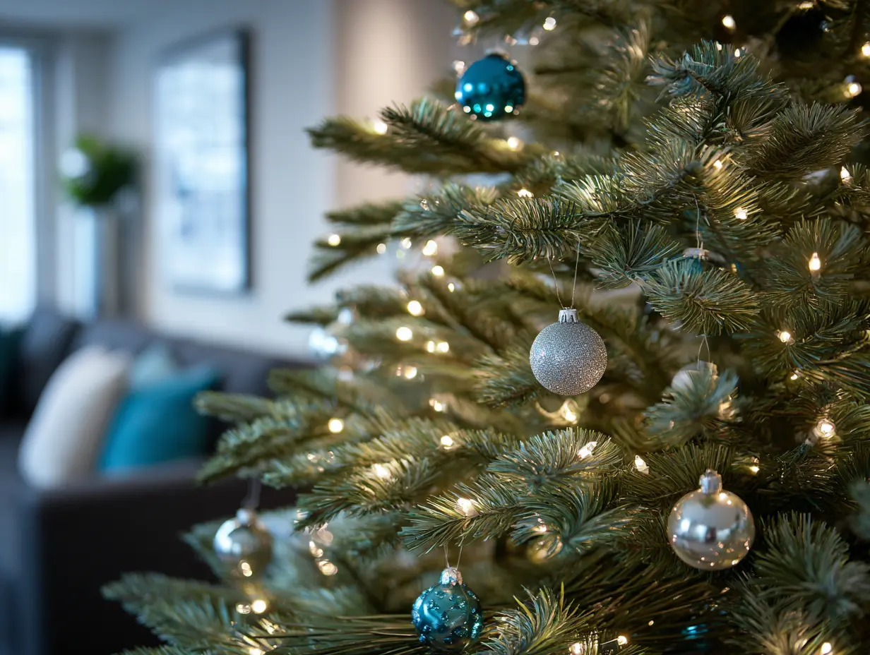 Prelit artificial Christmas tree with warm white LED lights, lush branches, metallic ornaments, and modern living room backdrop — effortless holiday decor with instant glow and zero setup stress