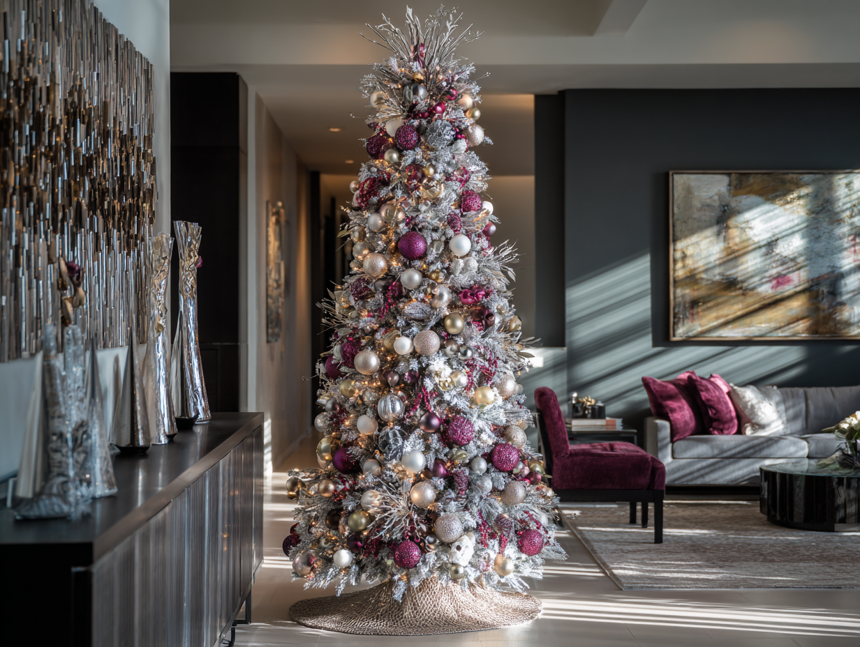 Slim pencil Christmas tree with white frosted branches, decorated with gold, silver, and deep magenta ornaments, soft woven base, set in a bold modern living room with dark walls, jewel-tone chairs, and dramatic sunlight streaming in