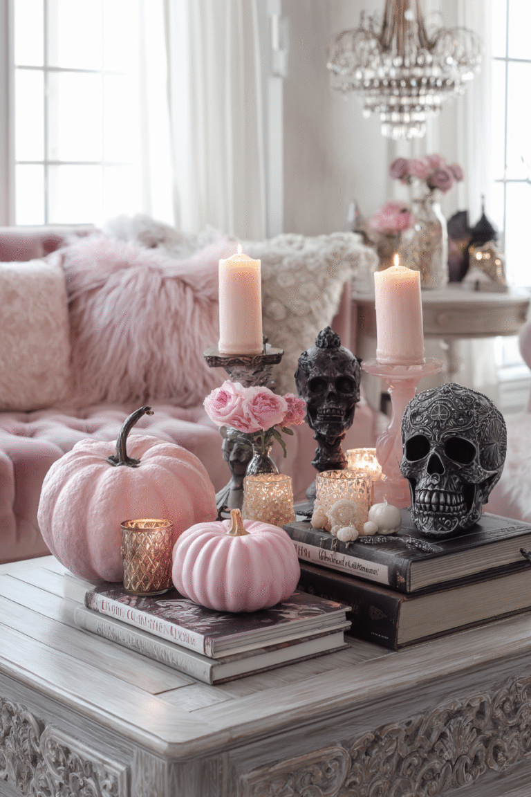 Pink Halloween living room decor featuring blush pumpkins, ornate black skulls, pink taper candles, and soft velvet textures styled on a vintage coffee table with stacked books and romantic candlelight