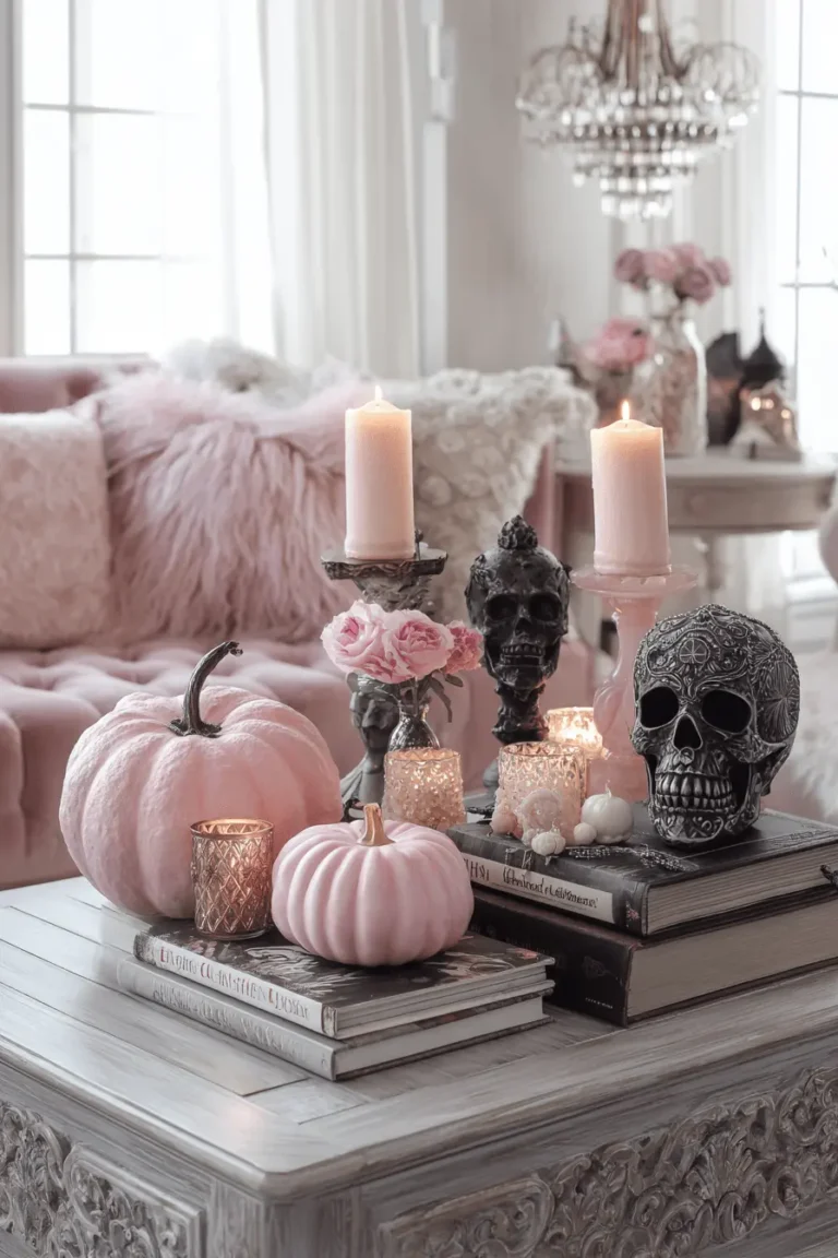Pink Halloween living room decor featuring blush pumpkins, ornate black skulls, pink taper candles, and soft velvet textures styled on a vintage coffee table with stacked books and romantic candlelight