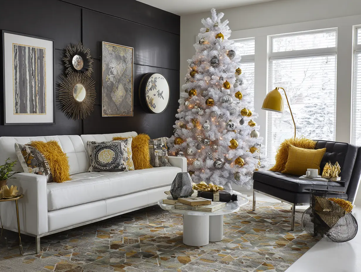 White artificial Christmas tree with warm white lights, silver and gold ornaments, and sleek modern living room setting — bold holiday decor with crisp, snow globe-inspired style