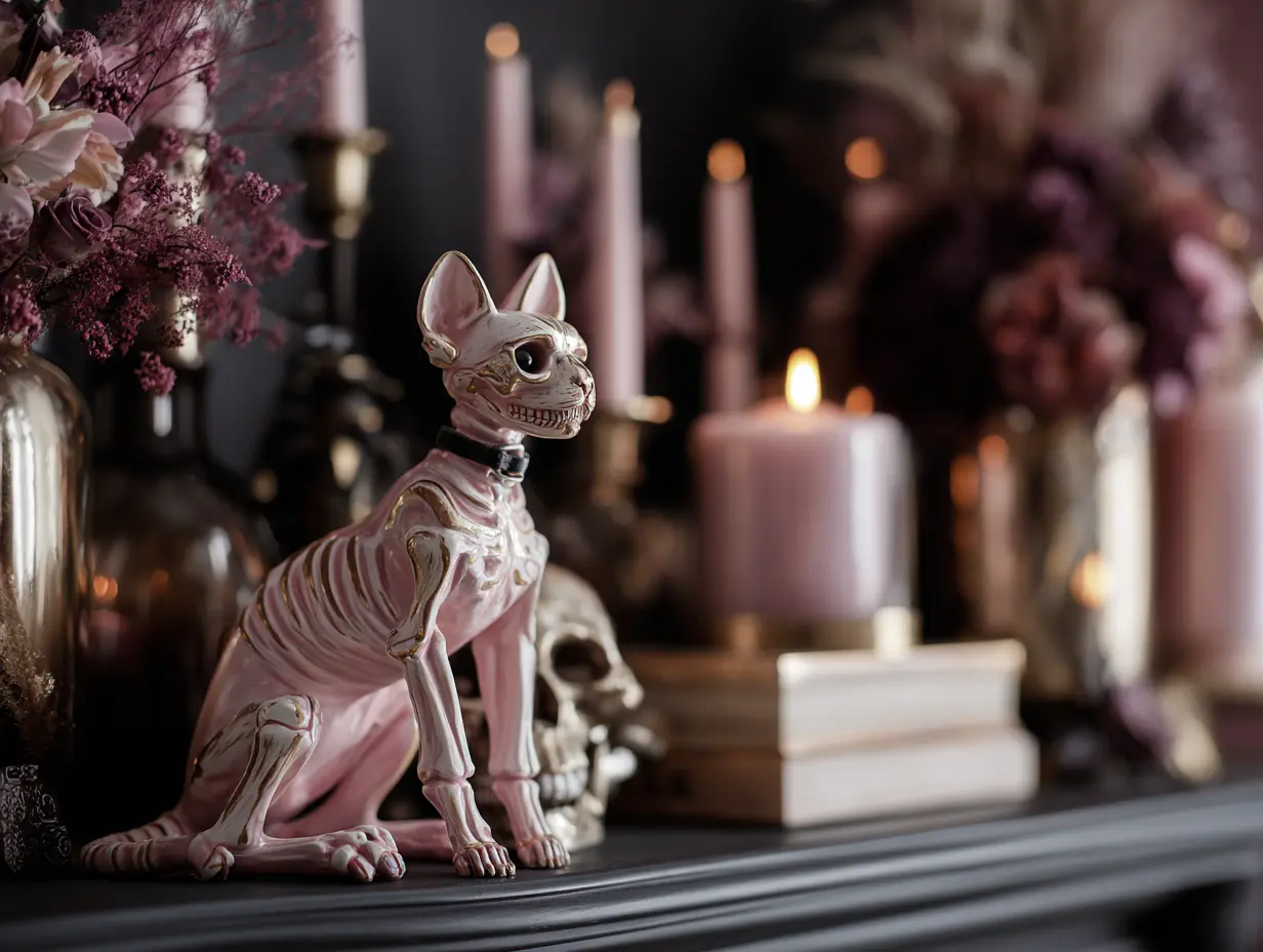 modern halloween cat figurine styled on a minimalist shelf with blush-toned accents, metallic skull, and soft candlelight, surrounded by dark florals and neutral shadows for a sleek gothic glam vibe

