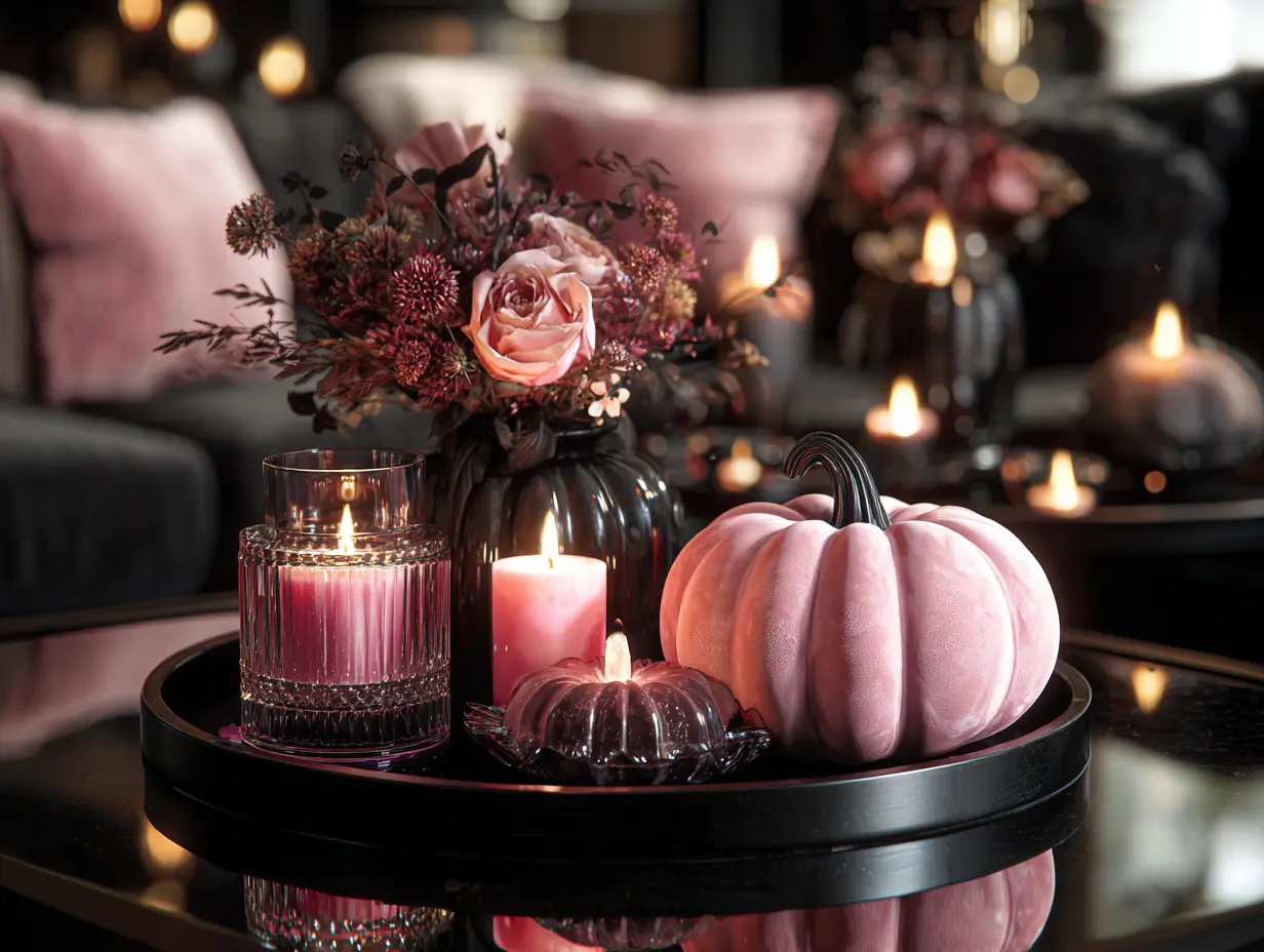 dark-styled coffee table with velvet pink pumpkins, a glowing LED pumpkin centerpiece, matte black tiered tray, ghost-shaped dish, and dried florals arranged with soft candlelight and shadowed edges

