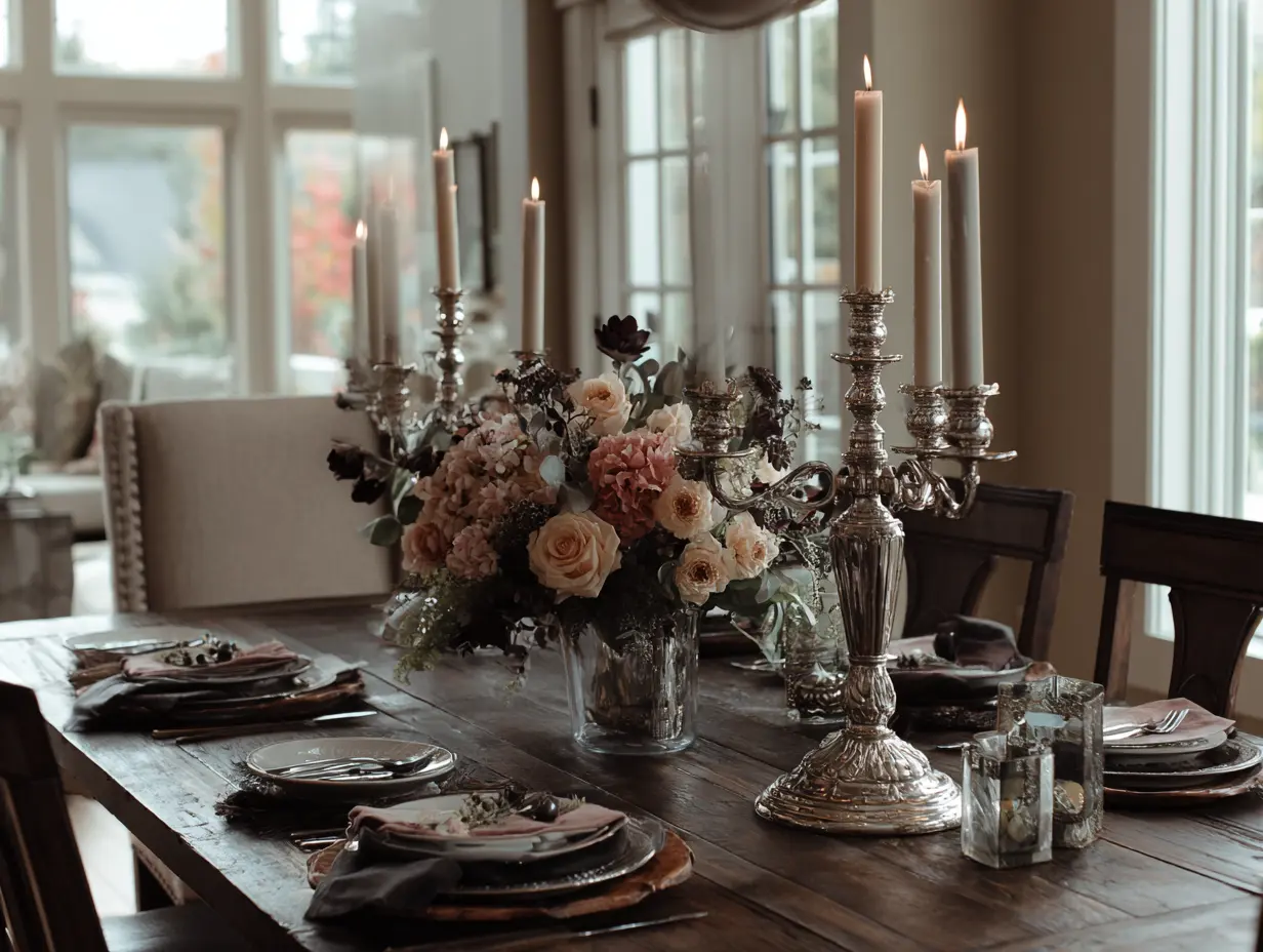 Halloween dining table styled with blush pumpkins, black roses, antique silver candle holders — dark, elegant, and ready for guests.


