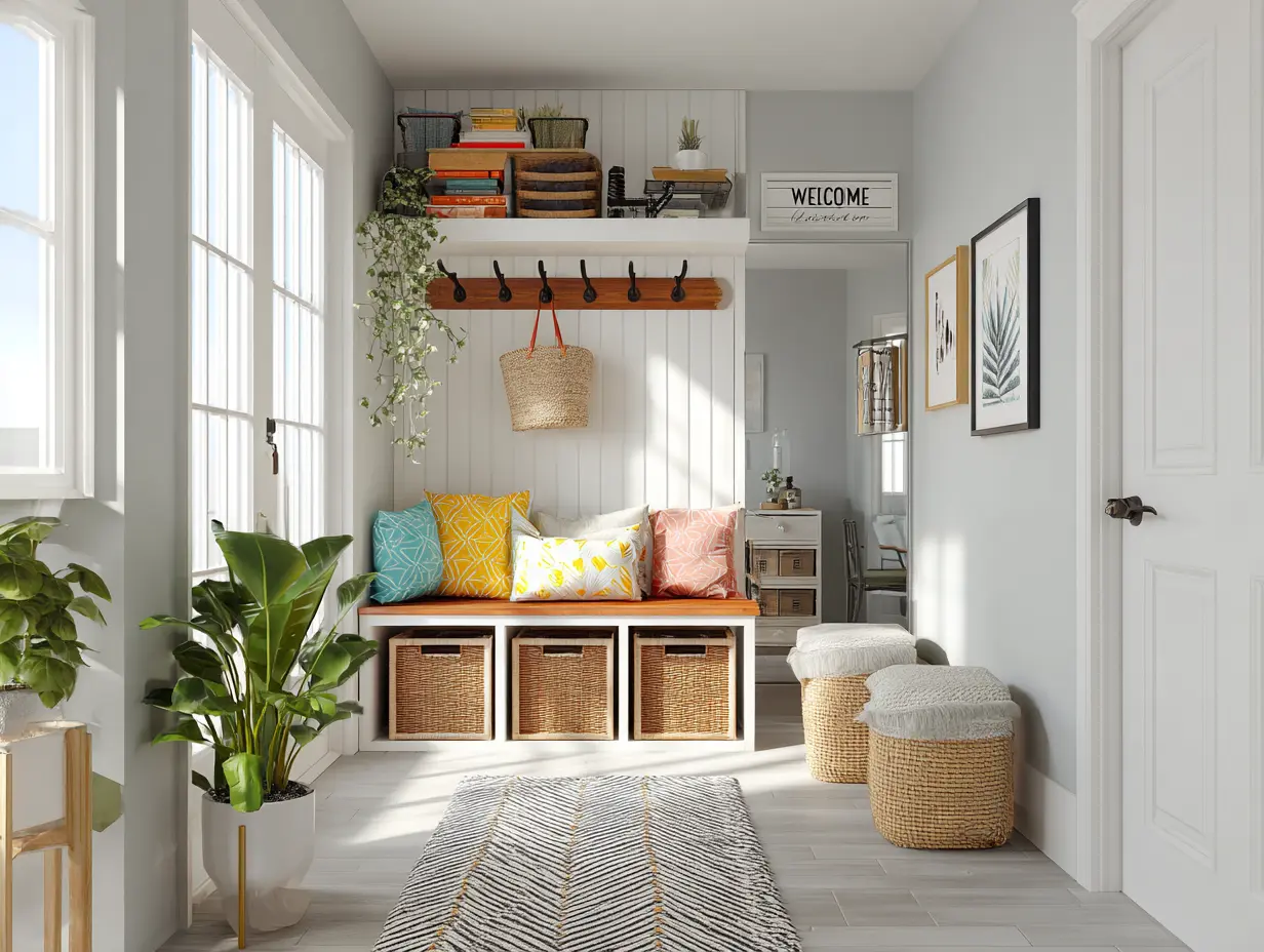 Bright and welcoming entryway styled with a coat rack, small bench, and organized bins under a modern welcome sign