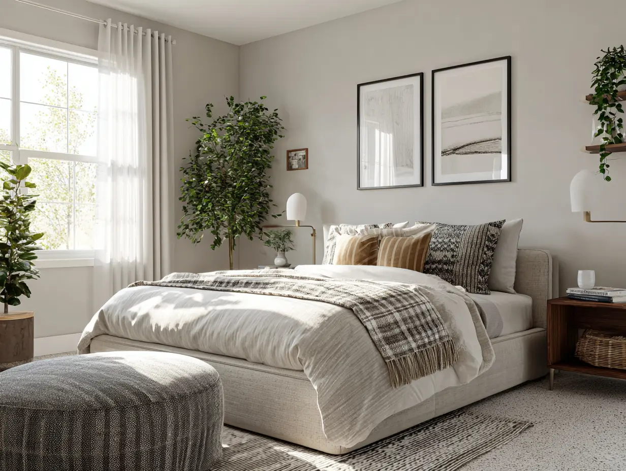 Bright and inviting guest bedroom styled for airbnb hosting tips, with layered textures, renter-safe furniture, and cheerful decor arranged for easy flow and comfort