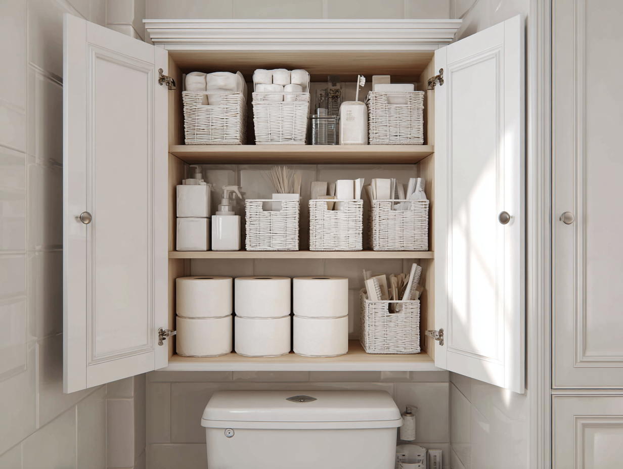 Guest bathroom cabinet neatly organized with labeled baskets of essentials like razors, wipes, and extra TP