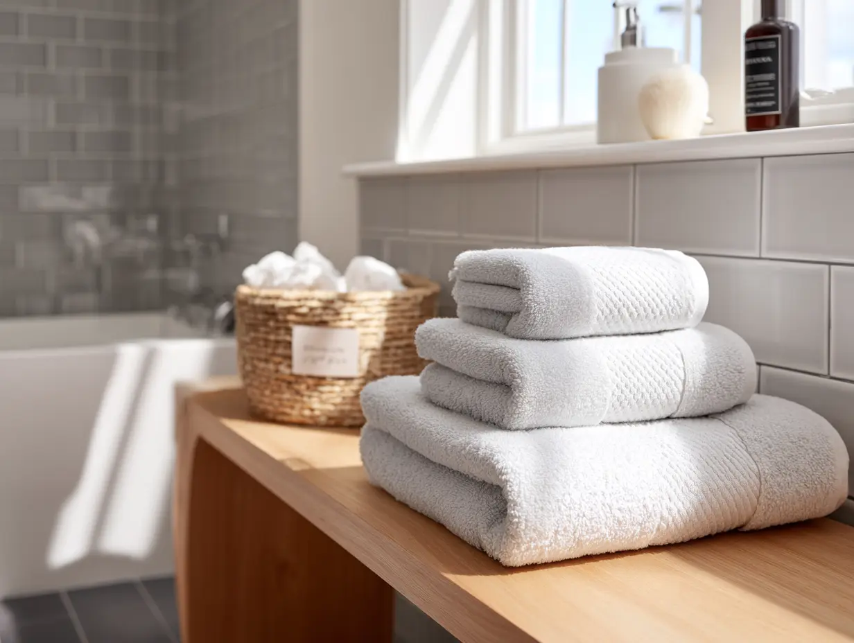 neatly folded guest towels stacked on a wooden bench next to a labeled basket of essentials in a modern neutral bathroom, styled with care to reflect smart airbnb hosting tips