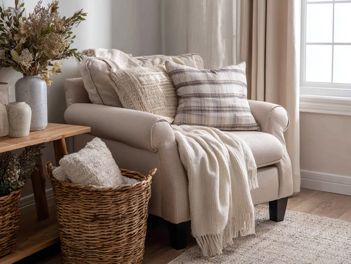 Guest-ready living room styled for airbnb hosting tips with neutral layered textiles and a spare folded duvet stored neatly in a woven basket under the side table