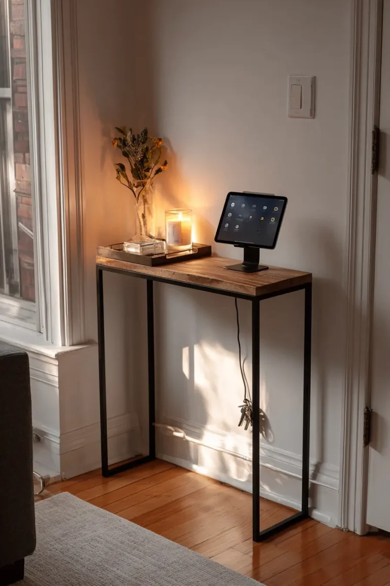 Modern Airbnb entryway setup with wooden console table, mounted tablet, lit candle, and glass vase with dried flowers, softly lit by natural evening light