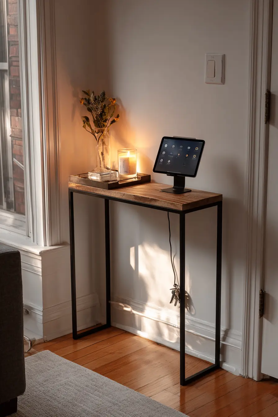 Modern Airbnb entryway setup with wooden console table, mounted tablet, lit candle, and glass vase with dried flowers, softly lit by natural evening light