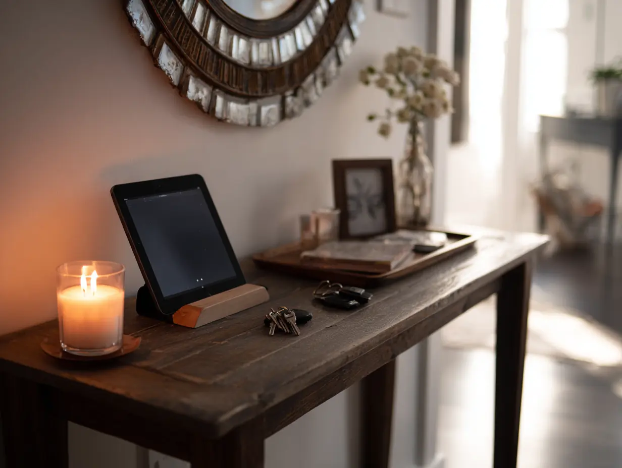 Sleek tablet setup for Airbnb hosting tips with a digital welcome guide screen, styled on a modern console table beside a small tray holding keys and a scented candle