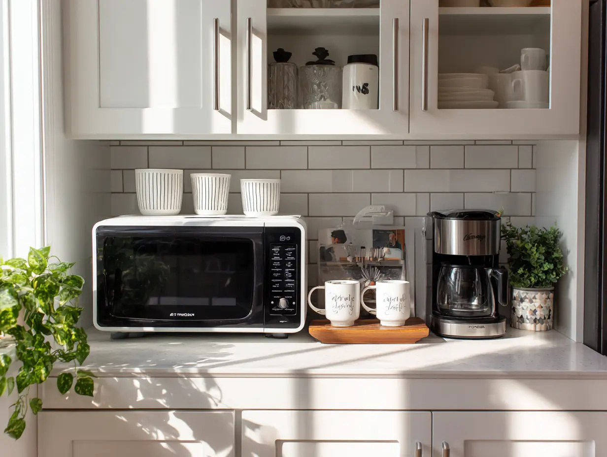 Modern Airbnb kitchen setup with labeled shelves, small appliances, and a welcome note near a coffee station
