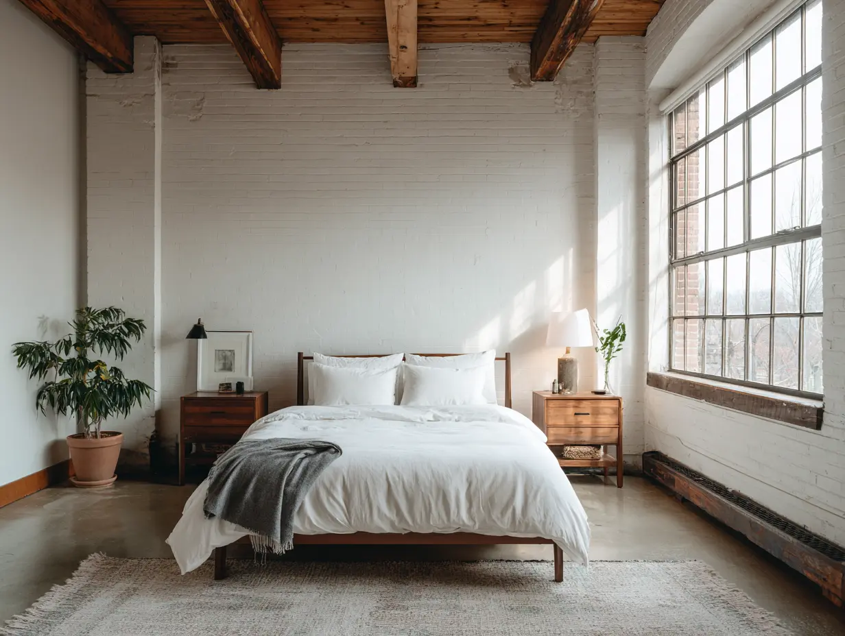 Modern loft guest bedroom setup for Airbnb with soft white sheets, a visible memory foam mattress, and warm wood nightstands glowing in morning light